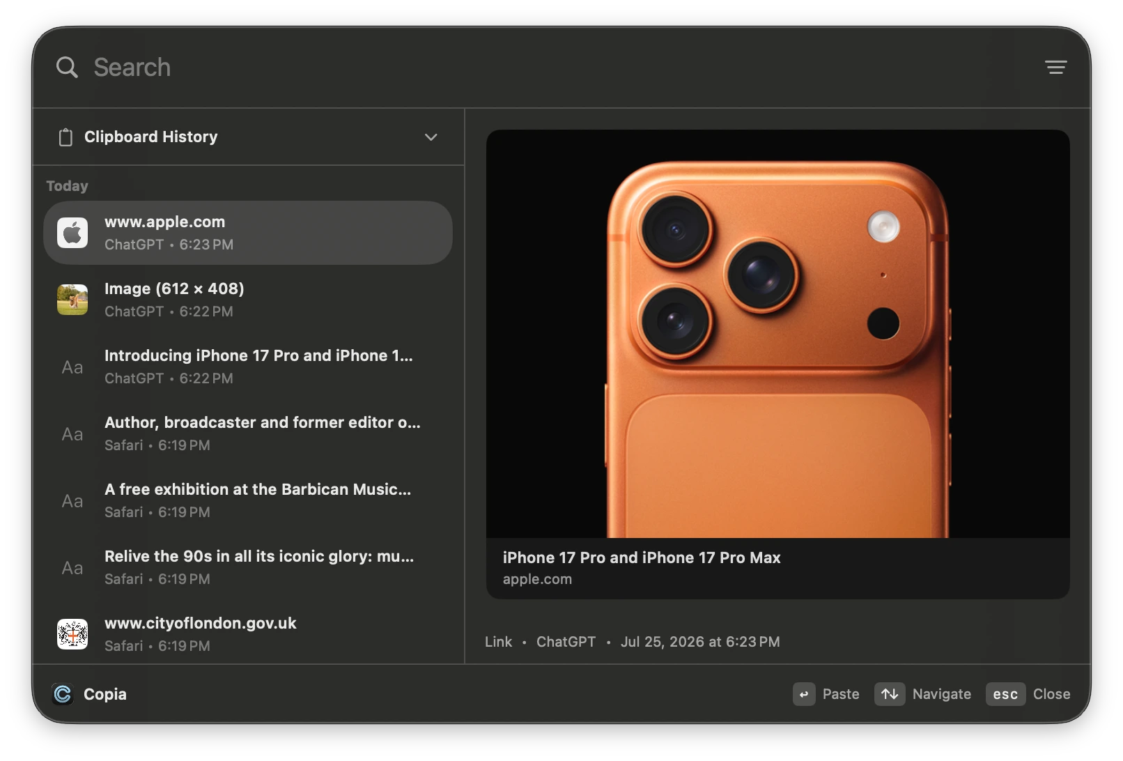 Copia for Mac showing searchable clipboard history with a selected link preview